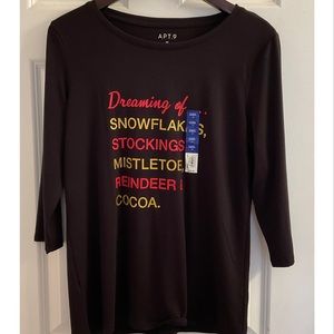 Apt. 9 Dreaming List 3/4 Sleeve Scoopneck Tee / T-Shirt - NWT - Medium Christmas